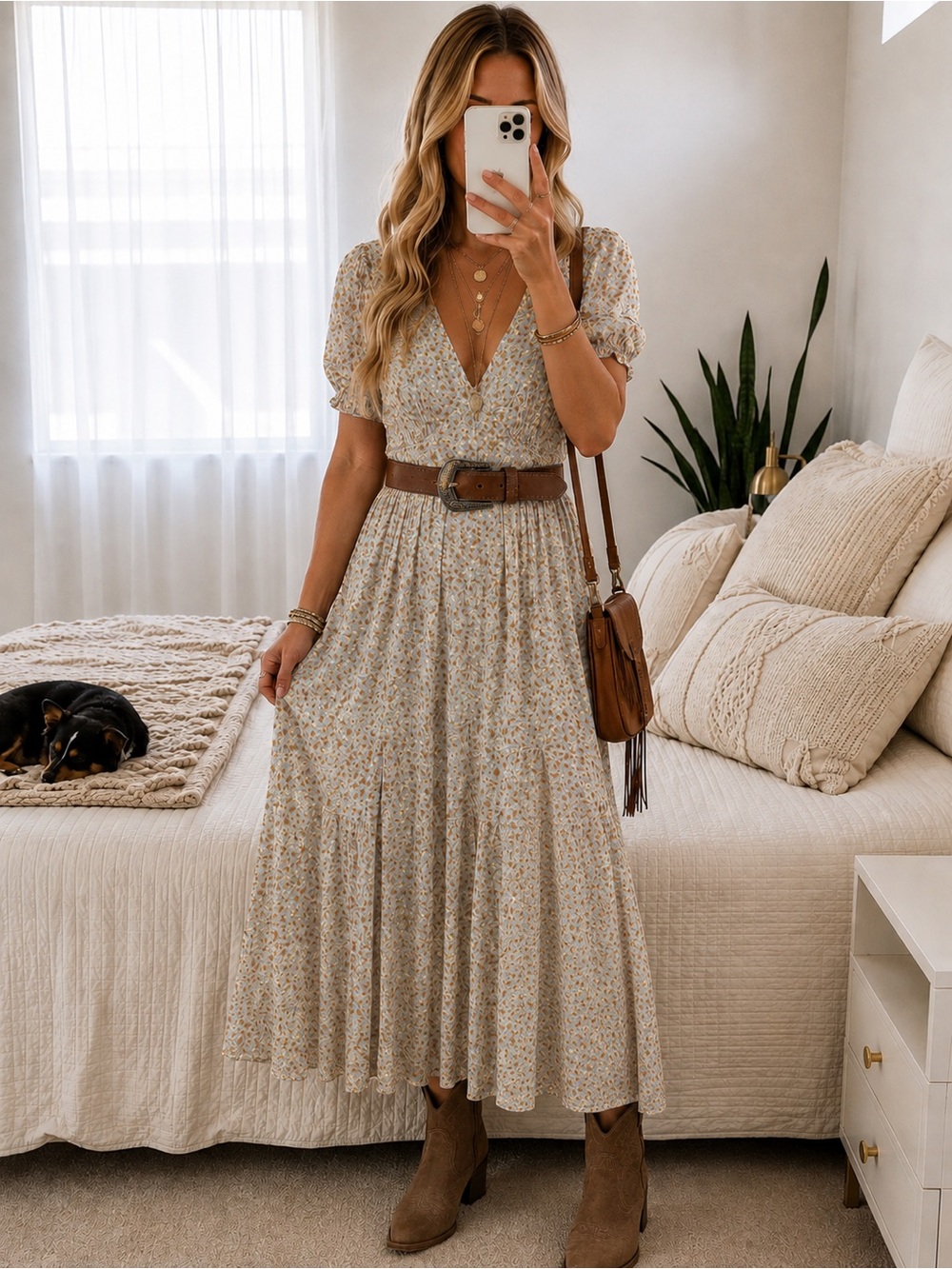 Light Floral V-Neck Midi Dress